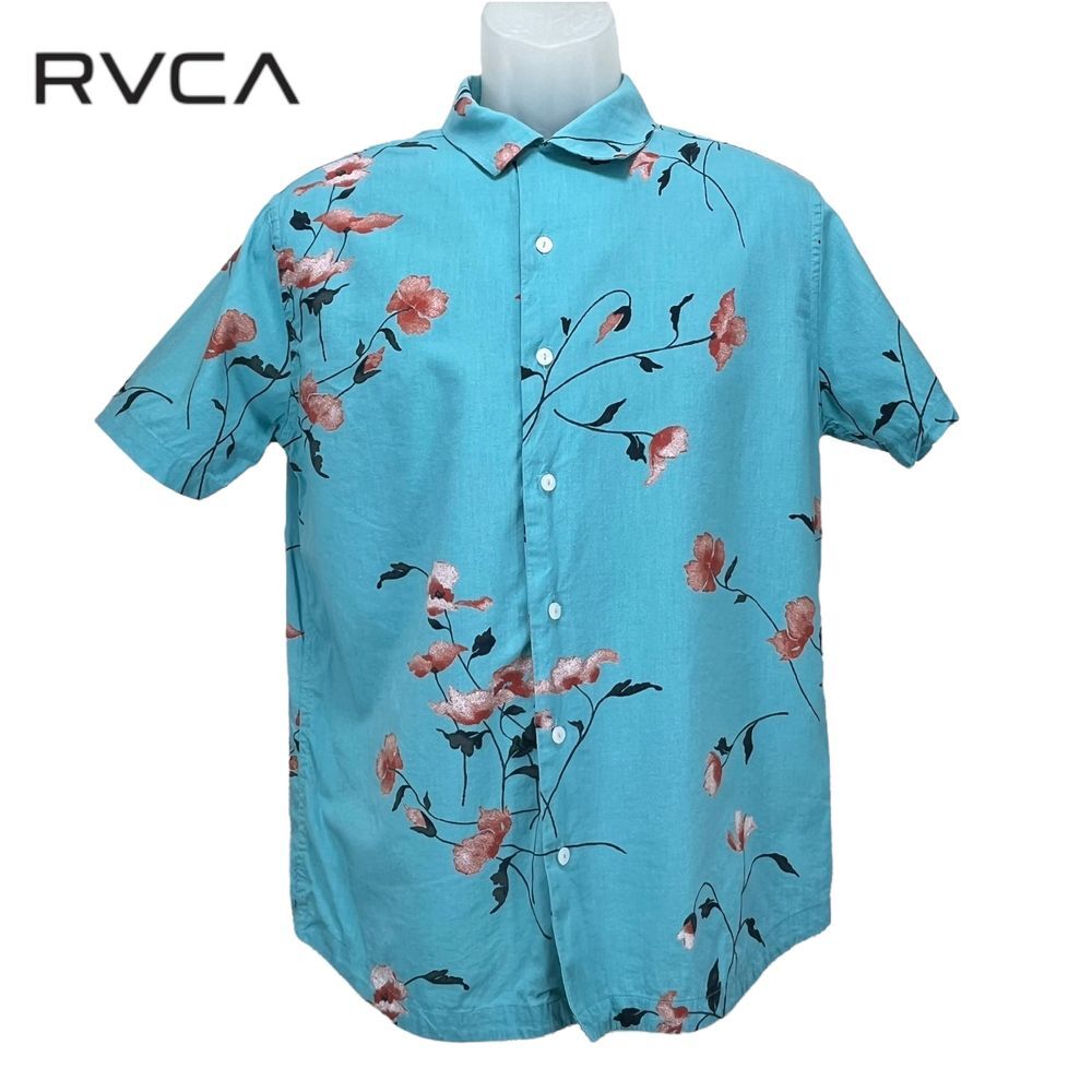 RVCA Men's Small Blue Custom Fit Floral Short‎ Sleeve Button Up Camp Shirt